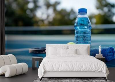 A sports water bottle and blue towel rest on a tennis court, accompanied by a racket and tennis ball under bright afternoon sunlight Wall mural