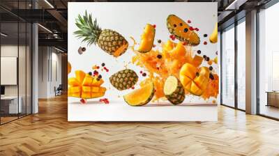 A striking arrangement of tropical fruits like pineapples, mangos, and papayas bursts midair, creating an energetic display filled with freshness and color Wall mural