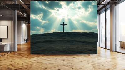 A striking silhouette of a holy cross rises against a dramatic sky, casting a powerful presence over Golgotha Hill as evening light filters through the clouds Wall mural