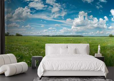 A vast field of green grass adorned with colorful flowers under a cloudy blue sky Wall mural