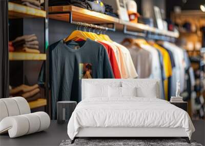 A wide shot of a retail store display rack featuring various T-shirt designs. A blue T-shirt with a graphic print is prominently displayed Wall mural