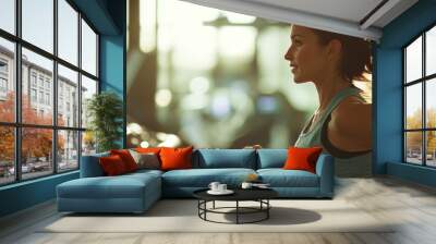 A woman demonstrates her commitment to fitness while running on a treadmill in a modern gym, illuminated by morning sunlight streaming through the windows Wall mural