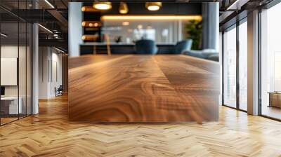 A wooden dining table is showcased in a modern living room. The table is in focus, with the surrounding furniture blurred in the background, capturing a sense of depth Wall mural