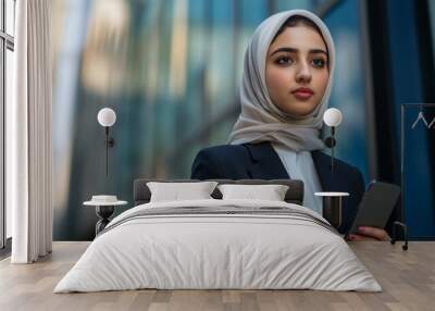 A young Arabian woman clad in a stylish business suit strides confidently through a contemporary urban landscape, holding a smartphone Wall mural