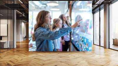 A young female teacher leads a classroom discussion, pointing to a digital display showing a colorful graphic. Students listen intently as she interacts with the touchscreen technology Wall mural