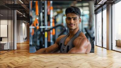 A young Indian man is posing for a photograph in a gym setting, showcasing his athletic physique and fitness routine Wall mural