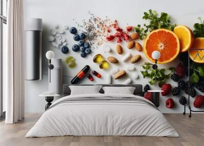 An array of vibrant fruits, nutrient-rich nuts, and assorted vitamin supplements is beautifully displayed on a pristine white surface, encouraging healthy choices Wall mural