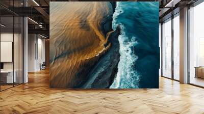 An overhead view of a river delta meeting the ocean, showing the stark contrast between the murky brown water of the river and the clear blue water of the ocean Wall mural