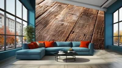 Close up of an angled view of a section of old brown wood texture illuminated by soft natural light Wall mural