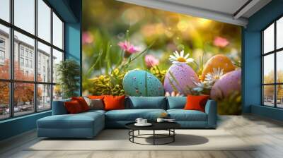 Easter eggs, painted in bright colors, are nestled amongst blooming daisies and other spring flowers in a lush green meadow. The sun shines brightly, creating a warm and joyful atmosphere Wall mural