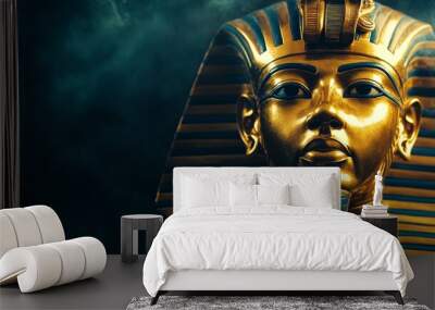 Featuring a striking replica of the famous burial mask of King Tutankhamun, the artwork highlights intricate details against a rich, deep blue background, showcasing Egyptian craftsmanship Wall mural