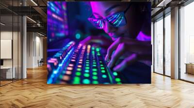 Fingers dance across a mechanical keyboard with colorful key lighting as a coder focuses intently on vibrant coding lines reflected in her glasses Wall mural