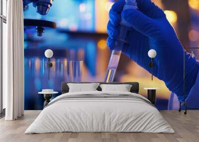 Gloved hands of a scientist carefully hold a test tube filled with bacteria, scrutinizing the specimen under laboratory lighting as evening approaches Wall mural