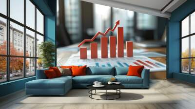 In a contemporary office, bold stacked bar graphs and red downward arrows illustrate a financial infographic, highlighting market trends and performance data Wall mural