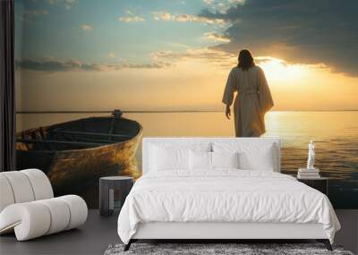 Jesus Christ walks across the calm water toward a boat as the sun sets, casting a warm glow over the serene landscape and creating a peaceful atmosphere Wall mural