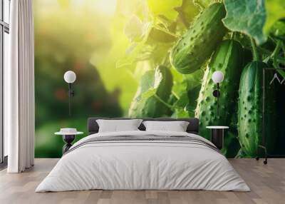 Numerous green cucumbers dangle from a vine, illuminated by soft sunlight in a vibrant garden setting Wall mural