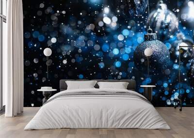 Sparkling silver and blue holiday lights twinkle against a dark backdrop, creating a magical atmosphere for seasonal celebrations Wall mural