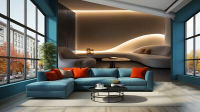 The living room features sleek curved furniture, soft ambient lighting, and a minimalist design that creates a tranquil and modern atmosphere for relaxation and entertainment Wall mural