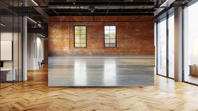 The spacious interior features large windows allowing natural light, highlighting the exposed brick walls and smooth concrete flooring in a modern industrial setting Wall mural