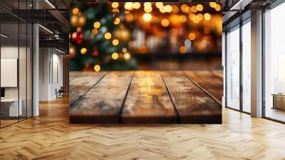 The wooden table showcases its grain against a backdrop of a sparkling Christmas tree adorned with colorful ornaments and glowing lights, creating a cozy atmosphere Wall mural