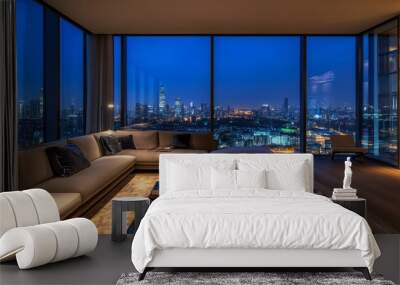 This elegant apartment living room showcases a modern design, highlighted by expansive windows revealing a stunning skyline at night, creating a serene and stylish atmosphere Wall mural