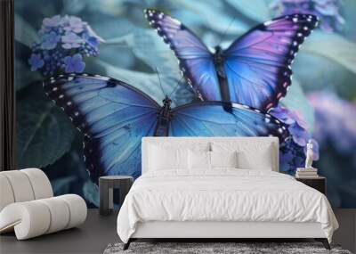 Two blue butterflies with vibrant color gradients sit perched on top of purple flowers Wall mural