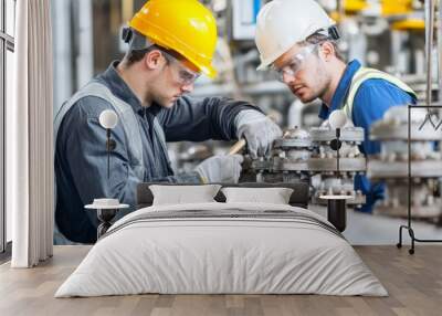 Two engineers in safety helmets and goggles work together on a valve in an industrial facility, ensuring proper maintenance and functionality of the piping system Wall mural