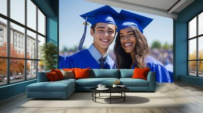 Two graduates joyfully stand side by side, wearing blue caps and gowns, celebrating their accomplishments with bright smiles under a clear blue sky Wall mural