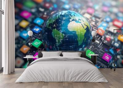 A 3D globe on a circuit board with colorful icons, representing the internet and global connectivity. Wall mural