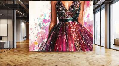 A beautiful woman in a sparkly, pink and black gown, fashion illustration. Wall mural