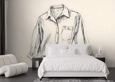 A black and white line drawing of a collared button up shirt. Wall mural