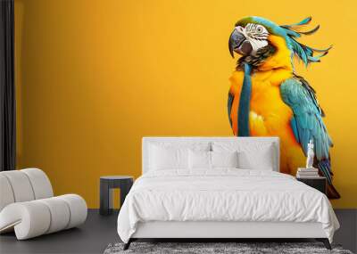 A blue and yellow macaw wearing a tie stands on an orange background. Wall mural