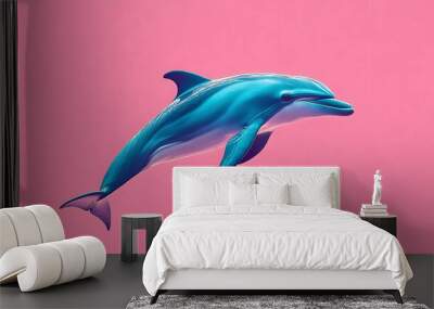 A blue dolphin leaps through the air against a vibrant pink background. Wall mural