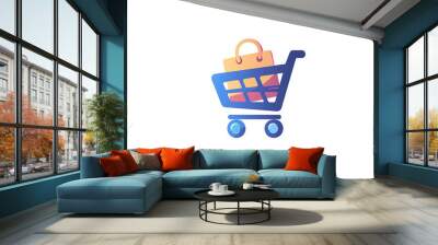 A blue shopping cart with a brown shopping bag inside. Wall mural