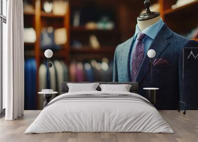 A blue suit on a mannequin in a clothing store. Wall mural