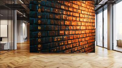 A brick wall with binary code glowing in orange. Wall mural