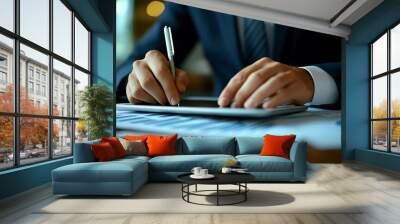 A businessman signs a digital document on his tablet. Wall mural