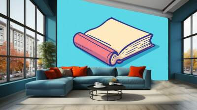 A cartoon illustration of an open book with red cover on a blue background. Wall mural