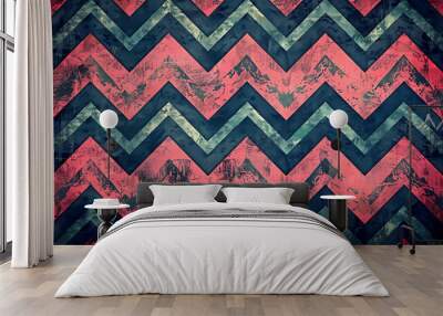 A chevron pattern in shades of pink, blue, and grey with a distressed, vintage effect. Wall mural