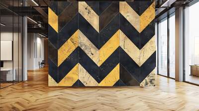 A chevron pattern with black, yellow, and white colors. Wall mural