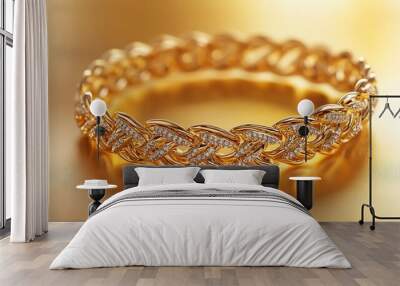 A close-up of a diamond-studded gold bracelet on a golden background. Wall mural