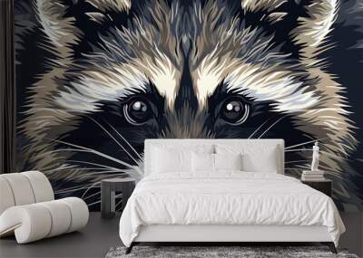 A close-up portrait of a raccoon's face with detailed fur and eyes. Wall mural