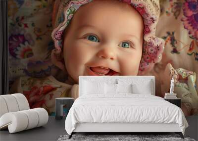 A close-up shot of a baby girl with blue eyes and a bright, toothy smile. Wall mural