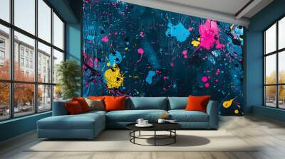 A colorful abstract painting with splashes of blue, pink, yellow, and black paint. Wall mural