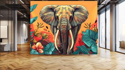 A colorful and stylized illustration of an elephant in a jungle. Wall mural