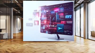 A computer monitor with a futuristic display of multiple digital screens. Wall mural