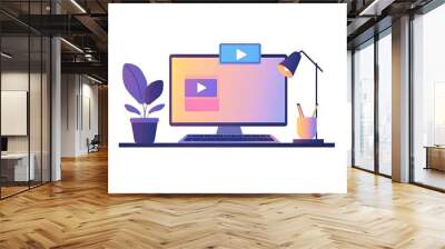 A computer monitor with a play button on the screen, a potted plant and a lamp on a desk. Wall mural