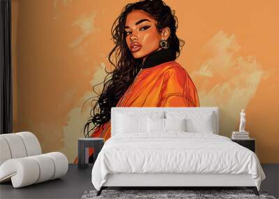 A confident woman with long dark hair poses in a bright orange jacket. Wall mural