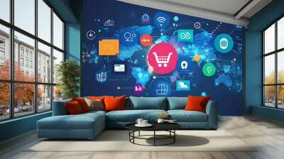 A connected world of e-commerce with a shopping cart at the center of a network. Wall mural