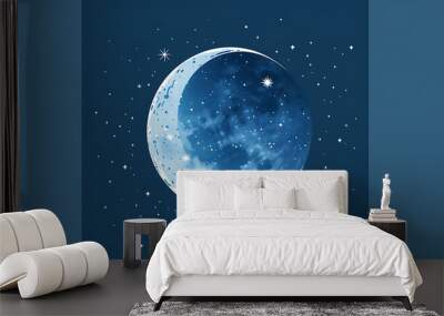 A crescent moon with stars on a blue background. Wall mural